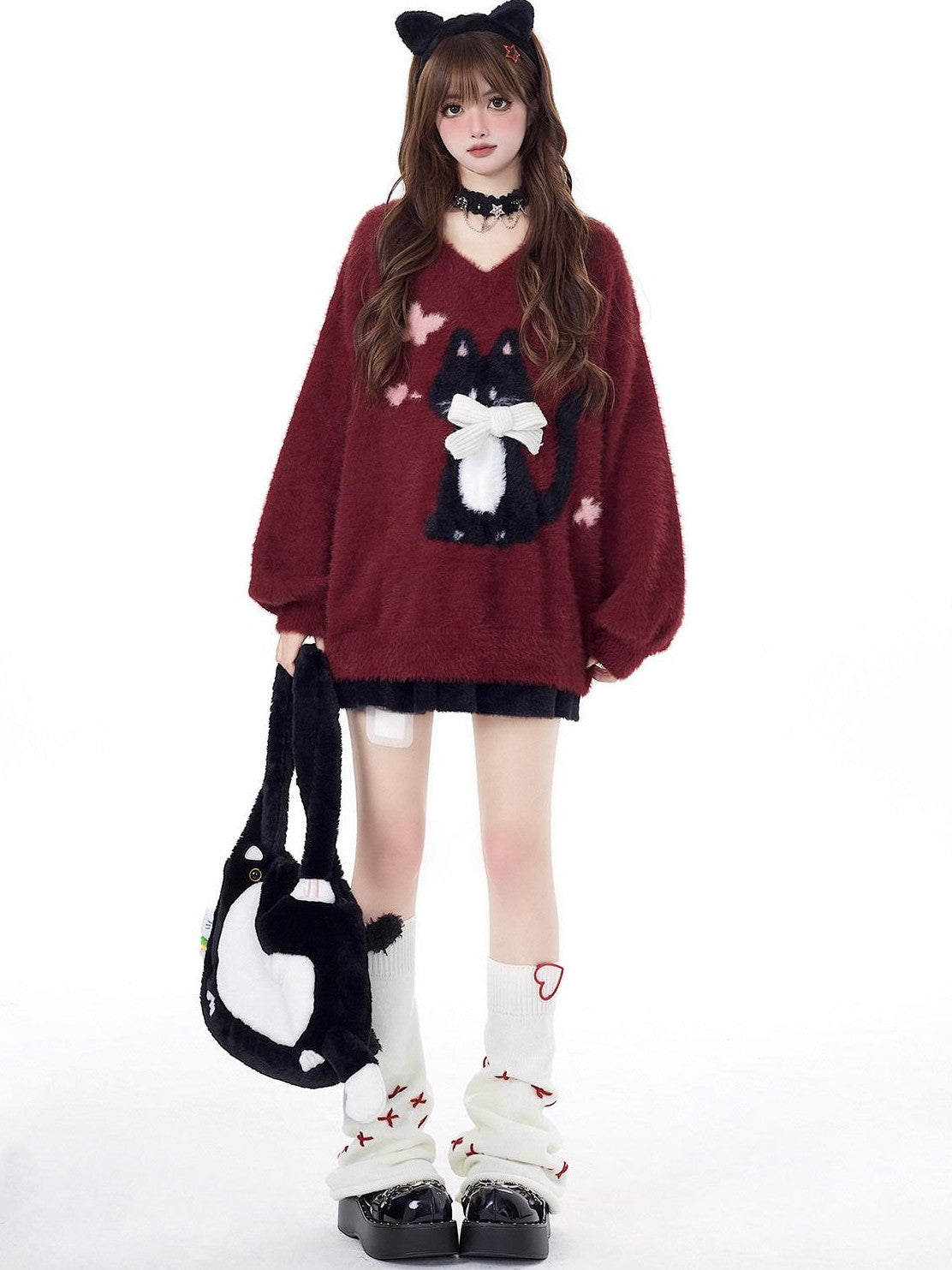 CRAZYGIRL Lazy Cat Jacquard Bow Round Neck Loose Fit Women's Soft Plush Knit Sweaters