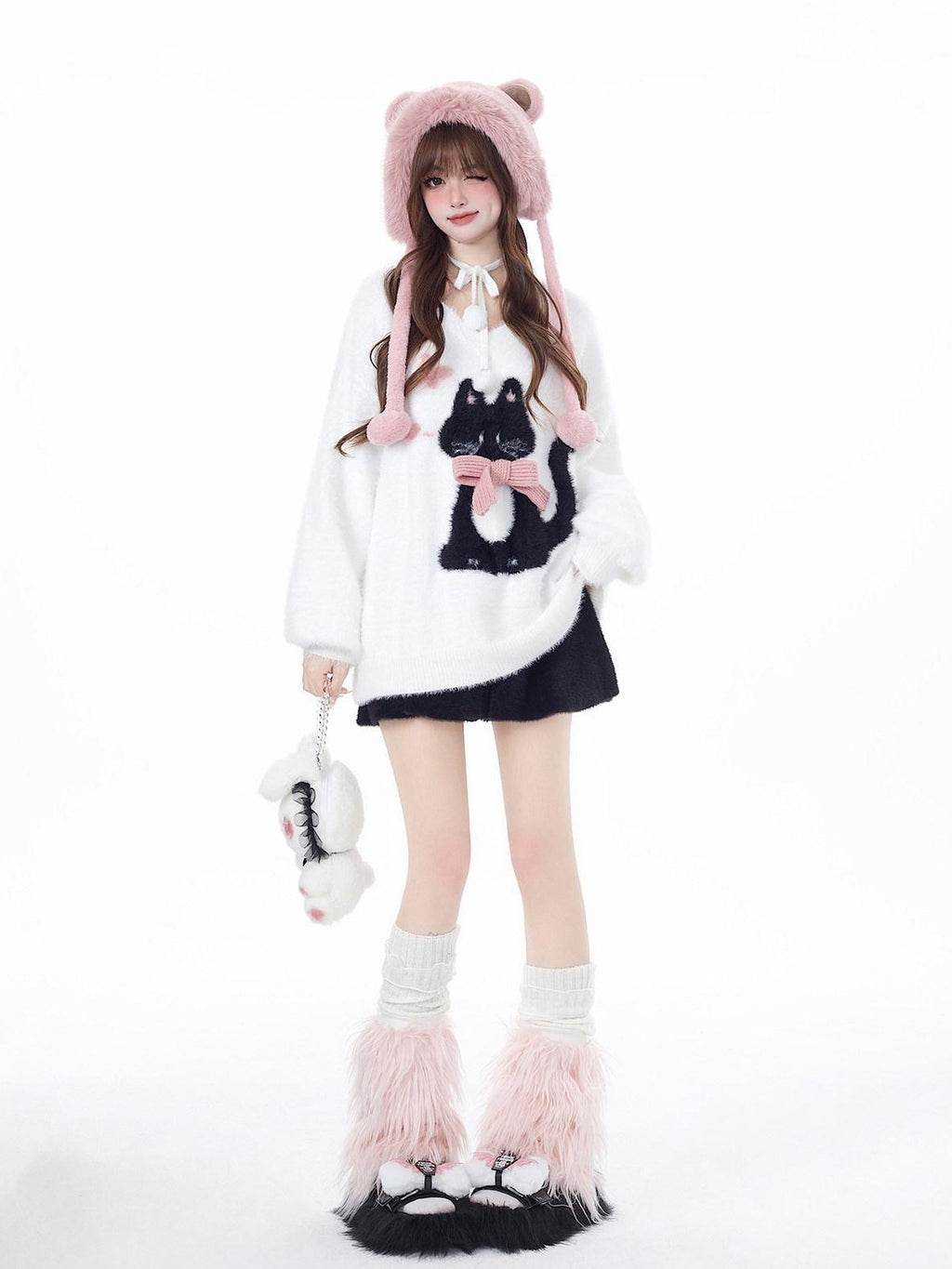 CRAZYGIRL Lazy Cat Jacquard Bow Round Neck Loose Fit Women's Soft Plush Knit Sweaters