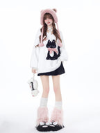CRAZYGIRL Lazy Cat Jacquard Bow Round Neck Loose Fit Women's Soft Plush Knit Sweaters