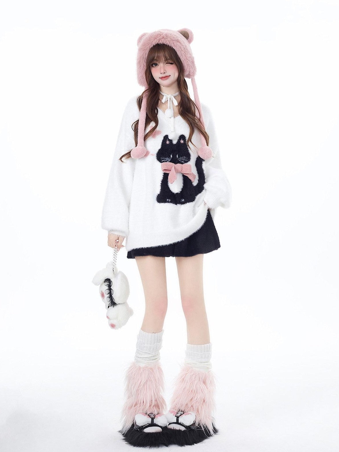 CRAZYGIRL Lazy Cat Jacquard Bow Round Neck Loose Fit Women's Soft Plush Knit Sweaters