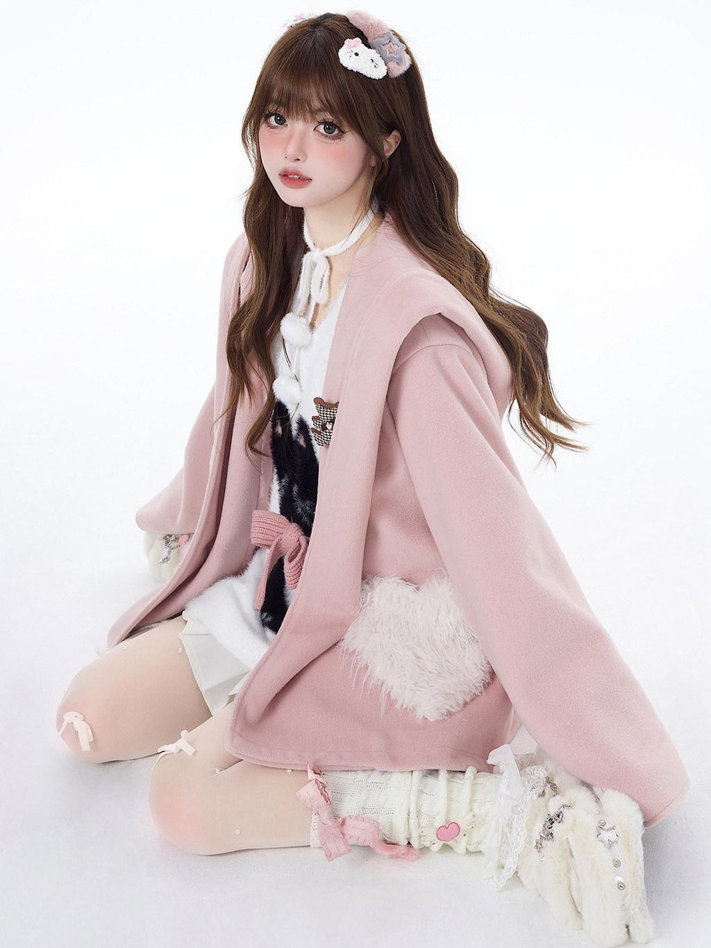 CRAZYGIRL Lazy Cat Jacquard Bow Round Neck Loose Fit Women's Soft Plush Knit Sweaters