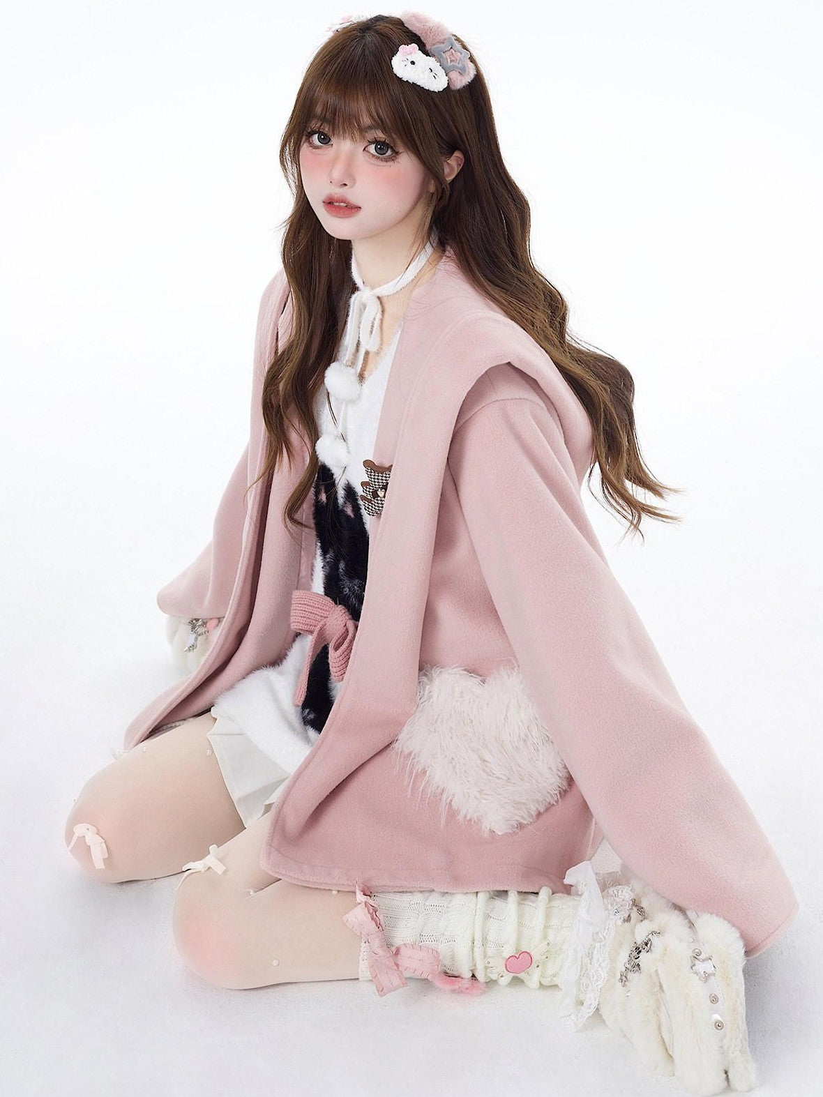 CRAZYGIRL Lazy Cat Jacquard Bow Round Neck Loose Fit Women's Soft Plush Knit Sweaters