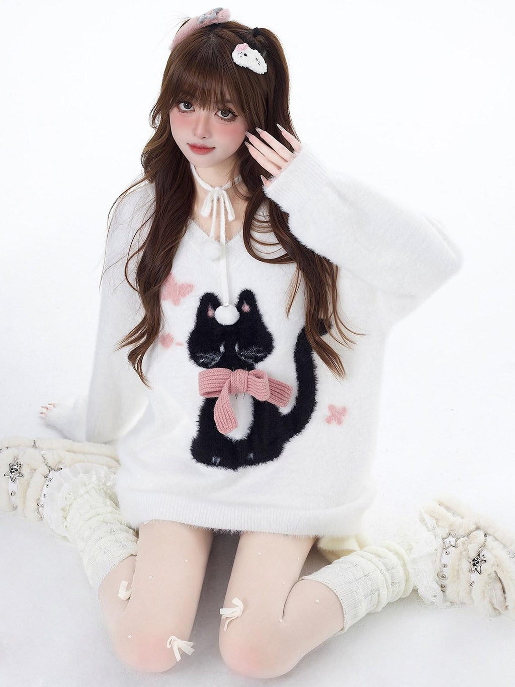 CRAZYGIRL Lazy Cat Jacquard Bow Round Neck Loose Fit Women's Soft Plush Knit Sweaters