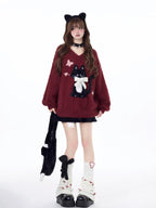 CRAZYGIRL Lazy Cat Jacquard Bow Round Neck Loose Fit Women's Soft Plush Knit Sweaters