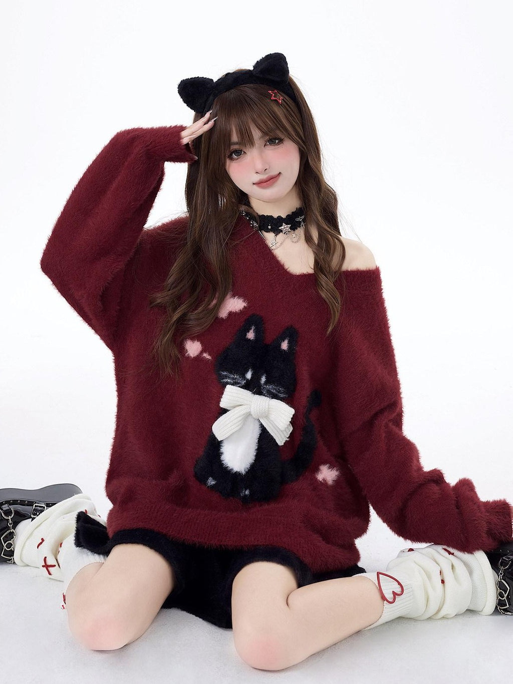 CRAZYGIRL Lazy Cat Jacquard Bow Round Neck Loose Fit Women's Soft Plush Knit Sweaters