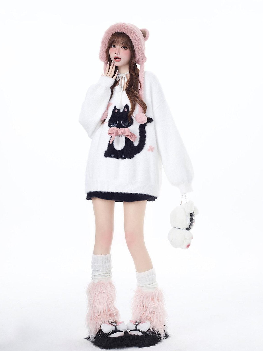 CRAZYGIRL Lazy Cat Jacquard Bow Round Neck Loose Fit Women's Soft Plush Knit Sweaters