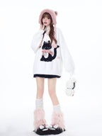 CRAZYGIRL Lazy Cat Jacquard Bow Round Neck Loose Fit Women's Soft Plush Knit Sweaters