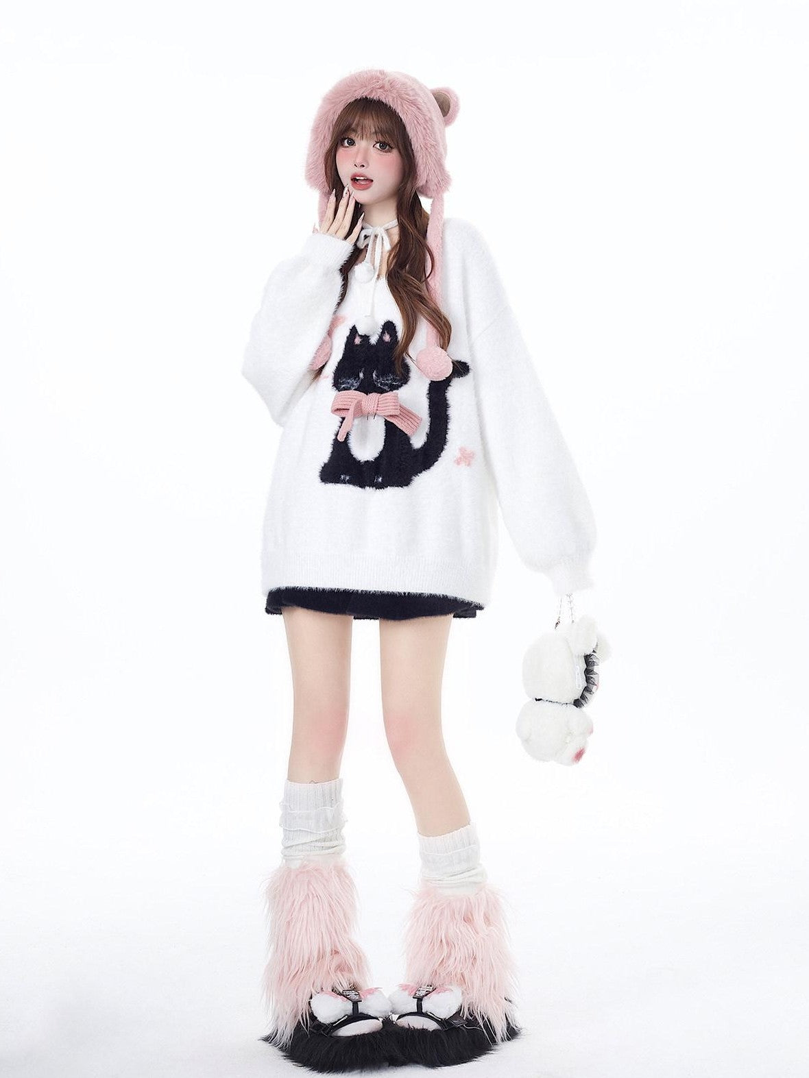 CRAZYGIRL Lazy Cat Jacquard Bow Round Neck Loose Fit Women's Soft Plush Knit Sweaters