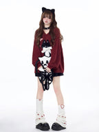 CRAZYGIRL Lazy Cat Jacquard Bow Round Neck Loose Fit Women's Soft Plush Knit Sweaters