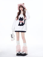 CRAZYGIRL Lazy Cat Jacquard Bow Round Neck Loose Fit Women's Soft Plush Knit Sweaters