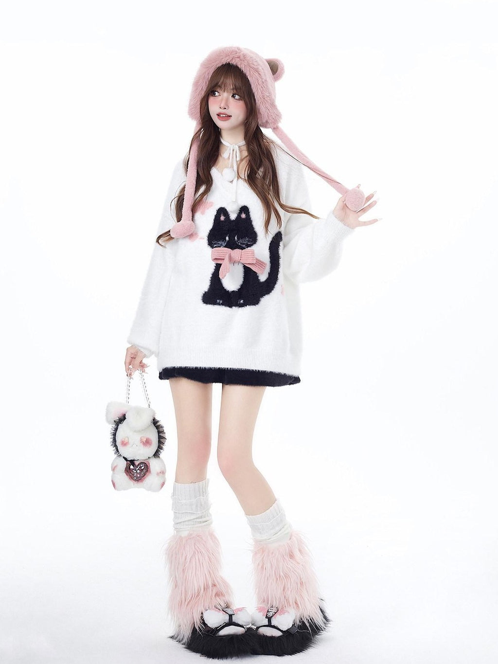 CRAZYGIRL Lazy Cat Jacquard Bow Round Neck Loose Fit Women's Soft Plush Knit Sweaters