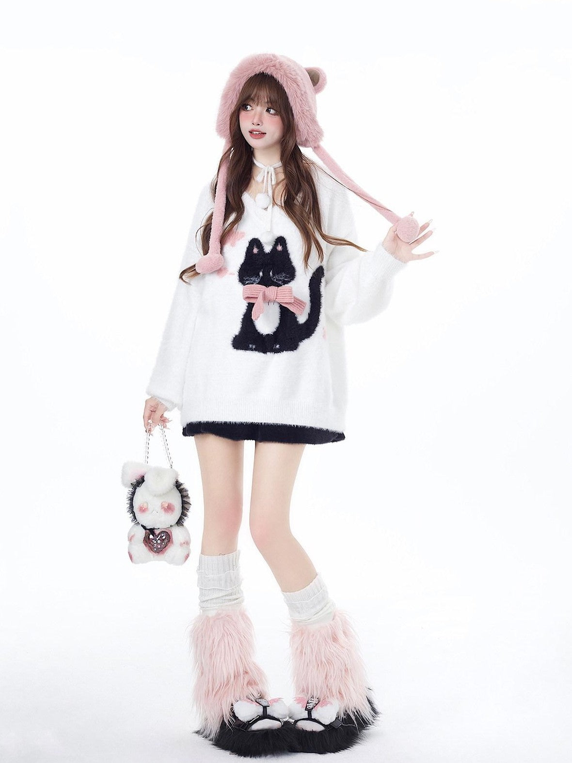 CRAZYGIRL Lazy Cat Jacquard Bow Round Neck Loose Fit Women's Soft Plush Knit Sweaters