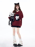 CRAZYGIRL Lazy Cat Jacquard Bow Round Neck Loose Fit Women's Soft Plush Knit Sweaters