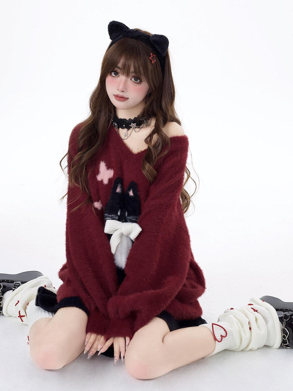 CRAZYGIRL Lazy Cat Jacquard Bow Round Neck Loose Fit Women's Soft Plush Knit Sweaters