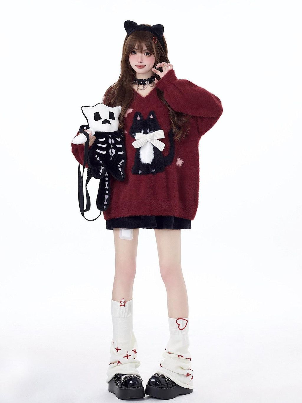 CRAZYGIRL Lazy Cat Jacquard Bow Round Neck Loose Fit Women's Soft Plush Knit Sweaters