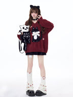 CRAZYGIRL Lazy Cat Jacquard Bow Round Neck Loose Fit Women's Soft Plush Knit Sweaters