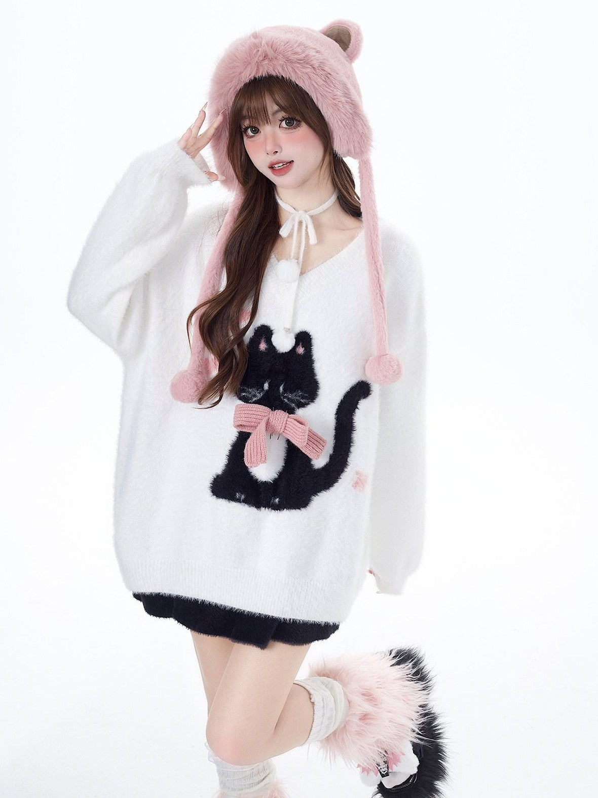 CRAZYGIRL Lazy Cat Jacquard Bow Round Neck Loose Fit Women's Soft Plush Knit Sweaters