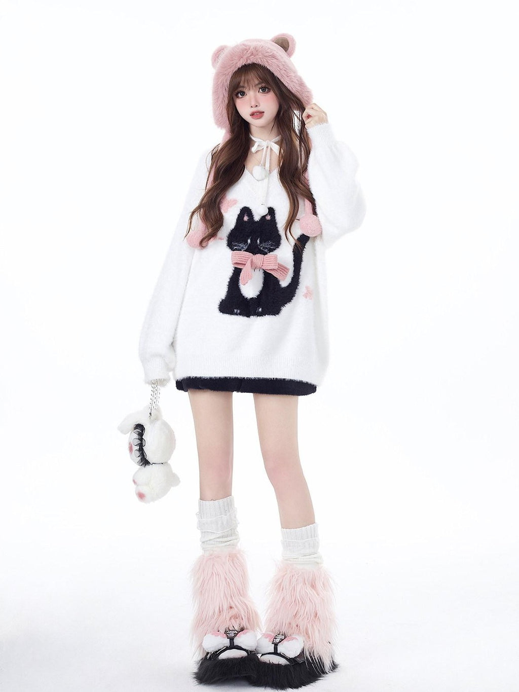 CRAZYGIRL Lazy Cat Jacquard Bow Round Neck Loose Fit Women's Soft Plush Knit Sweaters