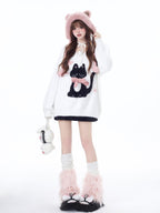 CRAZYGIRL Lazy Cat Jacquard Bow Round Neck Loose Fit Women's Soft Plush Knit Sweaters