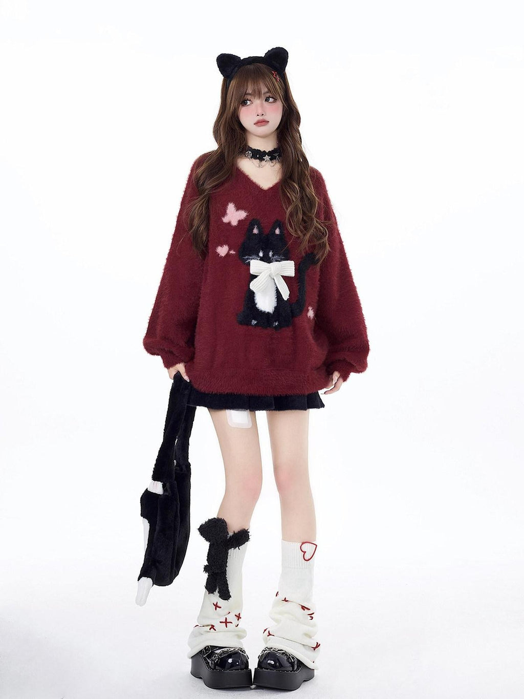CRAZYGIRL Lazy Cat Jacquard Bow Round Neck Loose Fit Women's Soft Plush Knit Sweaters