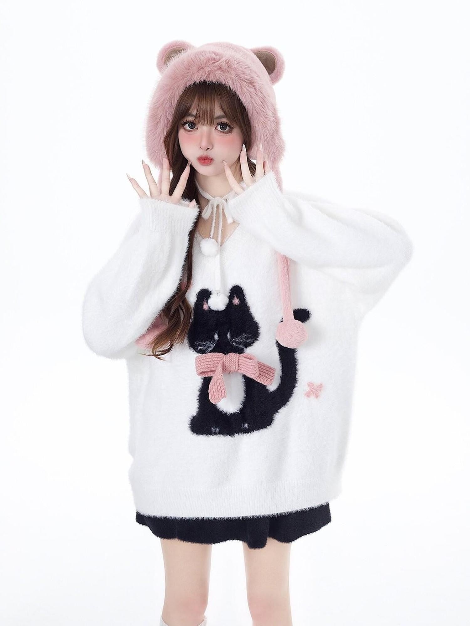 CRAZYGIRL Lazy Cat Jacquard Bow Round Neck Loose Fit Women's Soft Plush Knit Sweaters