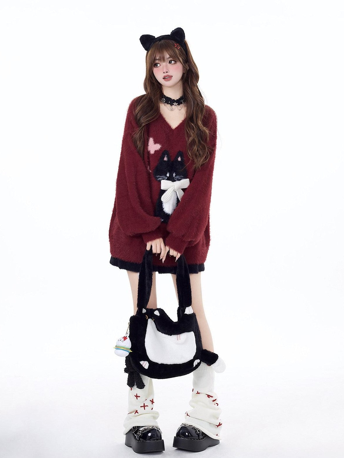 CRAZYGIRL Lazy Cat Jacquard Bow Round Neck Loose Fit Women's Soft Plush Knit Sweaters