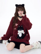 CRAZYGIRL Lazy Cat Jacquard Bow Round Neck Loose Fit Women's Soft Plush Knit Sweaters