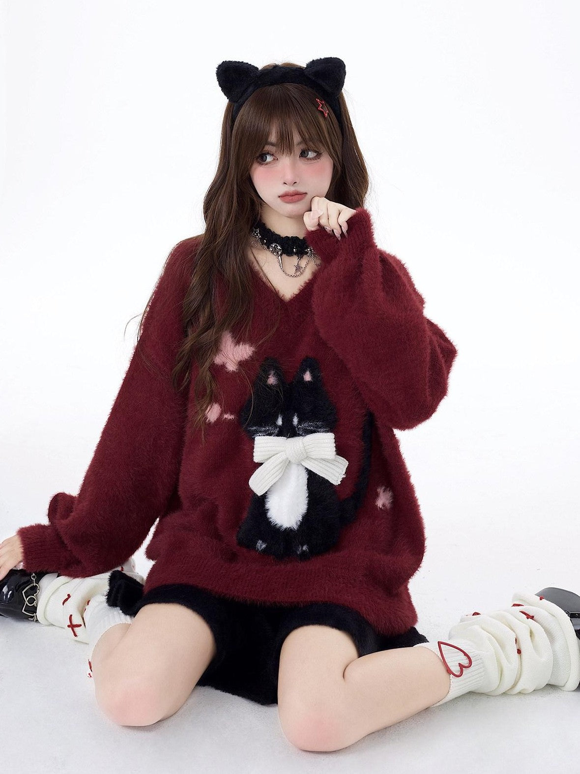 CRAZYGIRL Lazy Cat Jacquard Bow Round Neck Loose Fit Women's Soft Plush Knit Sweaters