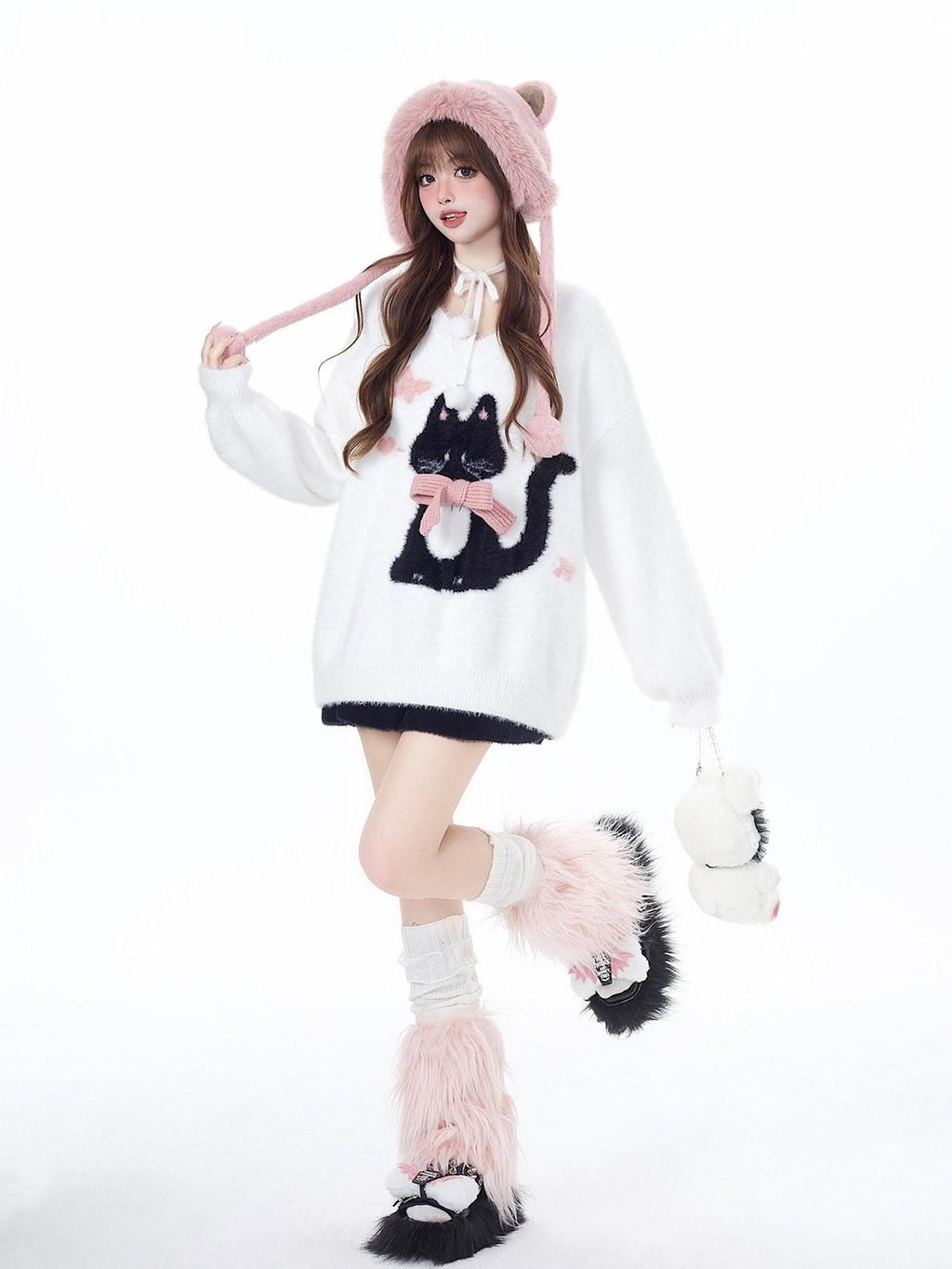 CRAZYGIRL Lazy Cat Jacquard Bow Round Neck Loose Fit Women's Soft Plush Knit Sweaters