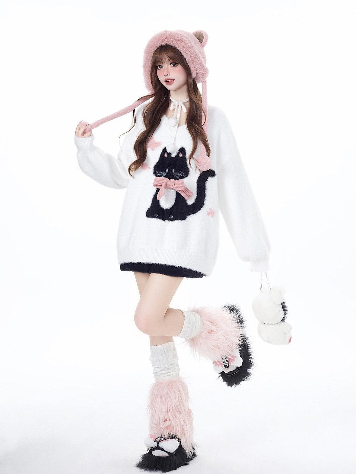 CRAZYGIRL Lazy Cat Jacquard Bow Round Neck Loose Fit Women's Soft Plush Knit Sweaters