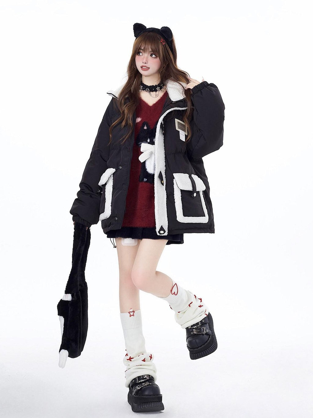 CRAZYGIRL Lazy Cat Jacquard Bow Round Neck Loose Fit Women's Soft Plush Knit Sweaters