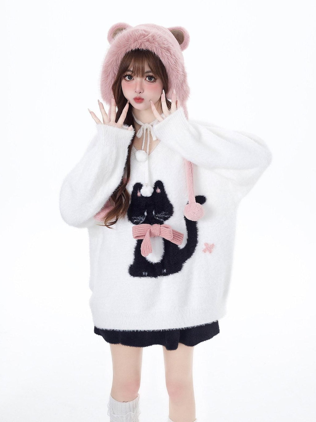 CRAZYGIRL Lazy Cat Jacquard Bow Round Neck Loose Fit Women's Soft Plush Knit Sweaters