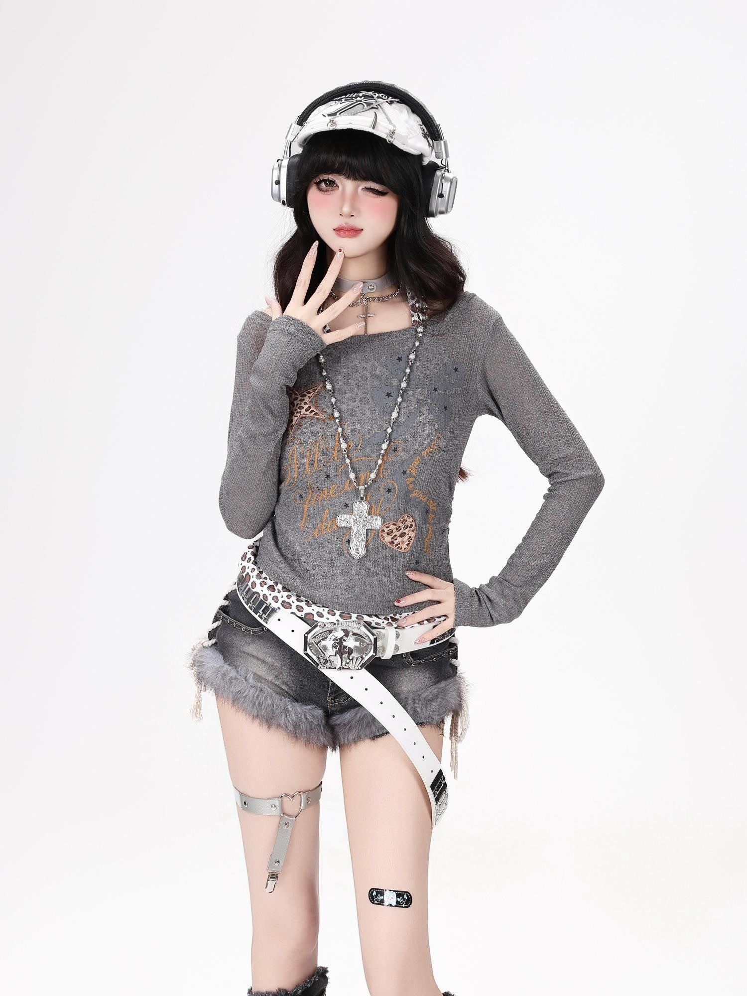 CRAZYGIRL Leopard Print Faux Layered Splice Waist Slim Short Women's Long Sleeve T-shirts