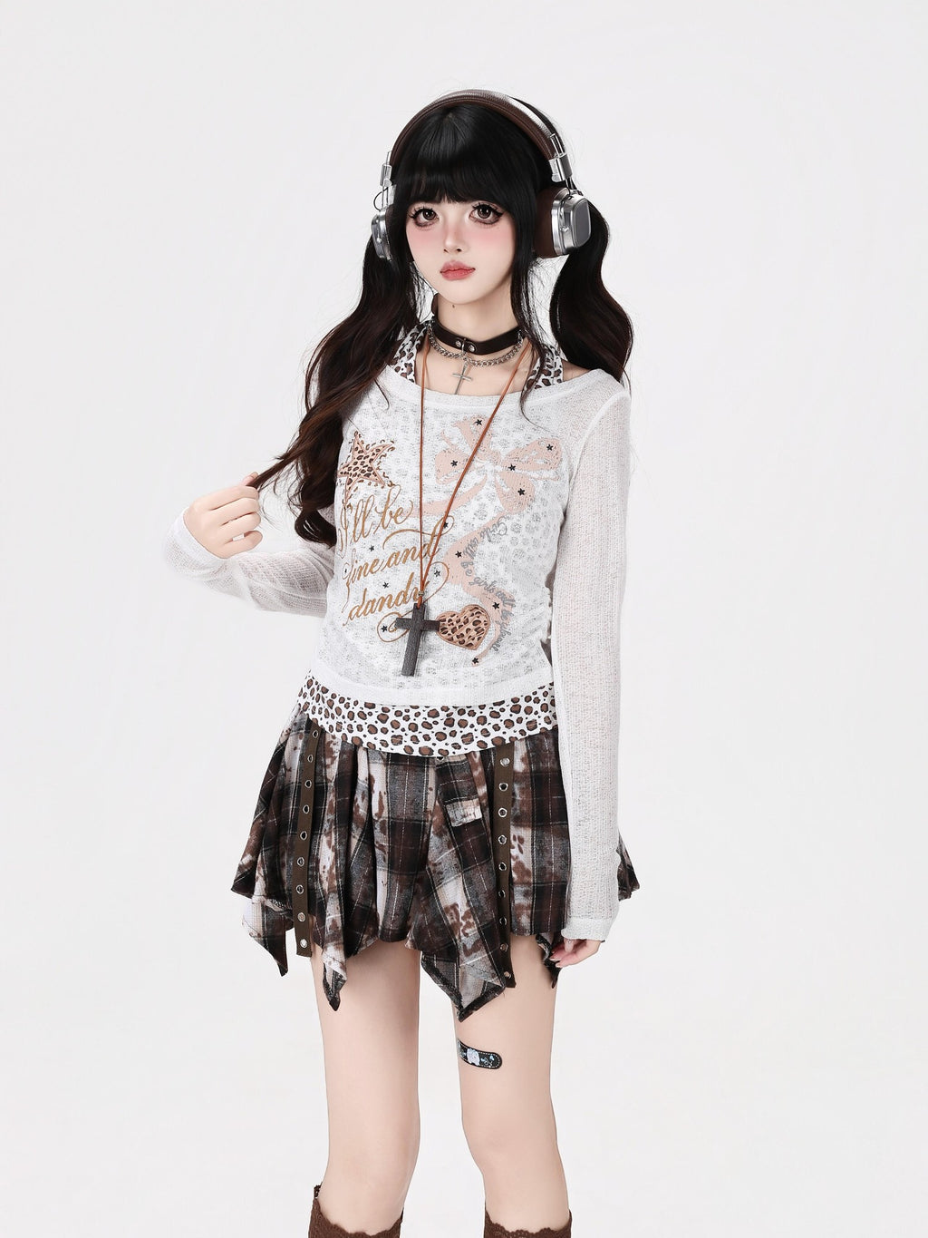 CRAZYGIRL Leopard Print Faux Layered Splice Waist Slim Short Women's Long Sleeve T-shirts