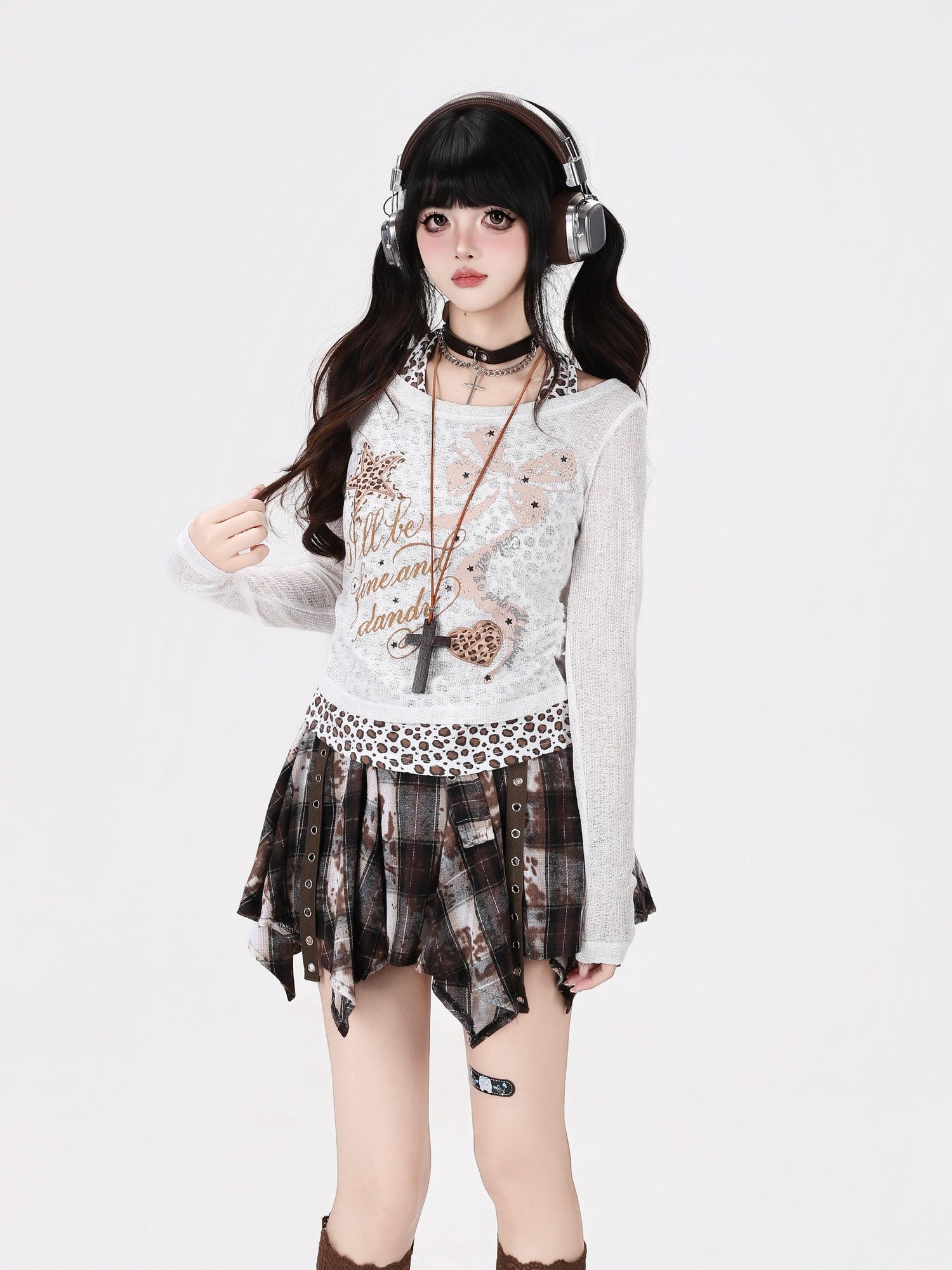 CRAZYGIRL Leopard Print Faux Layered Splice Waist Slim Short Women's Long Sleeve T-shirts
