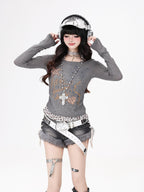 CRAZYGIRL Leopard Print Faux Layered Splice Waist Slim Short Women's Long Sleeve T-shirts