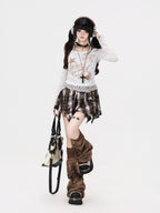 CRAZYGIRL Leopard Print Faux Layered Splice Waist Slim Short Women's Long Sleeve T-shirts
