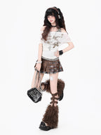 CRAZYGIRL Leopard Splice Letter Print Halter Faux Two Piece Women's Short Sleeve T-shirts