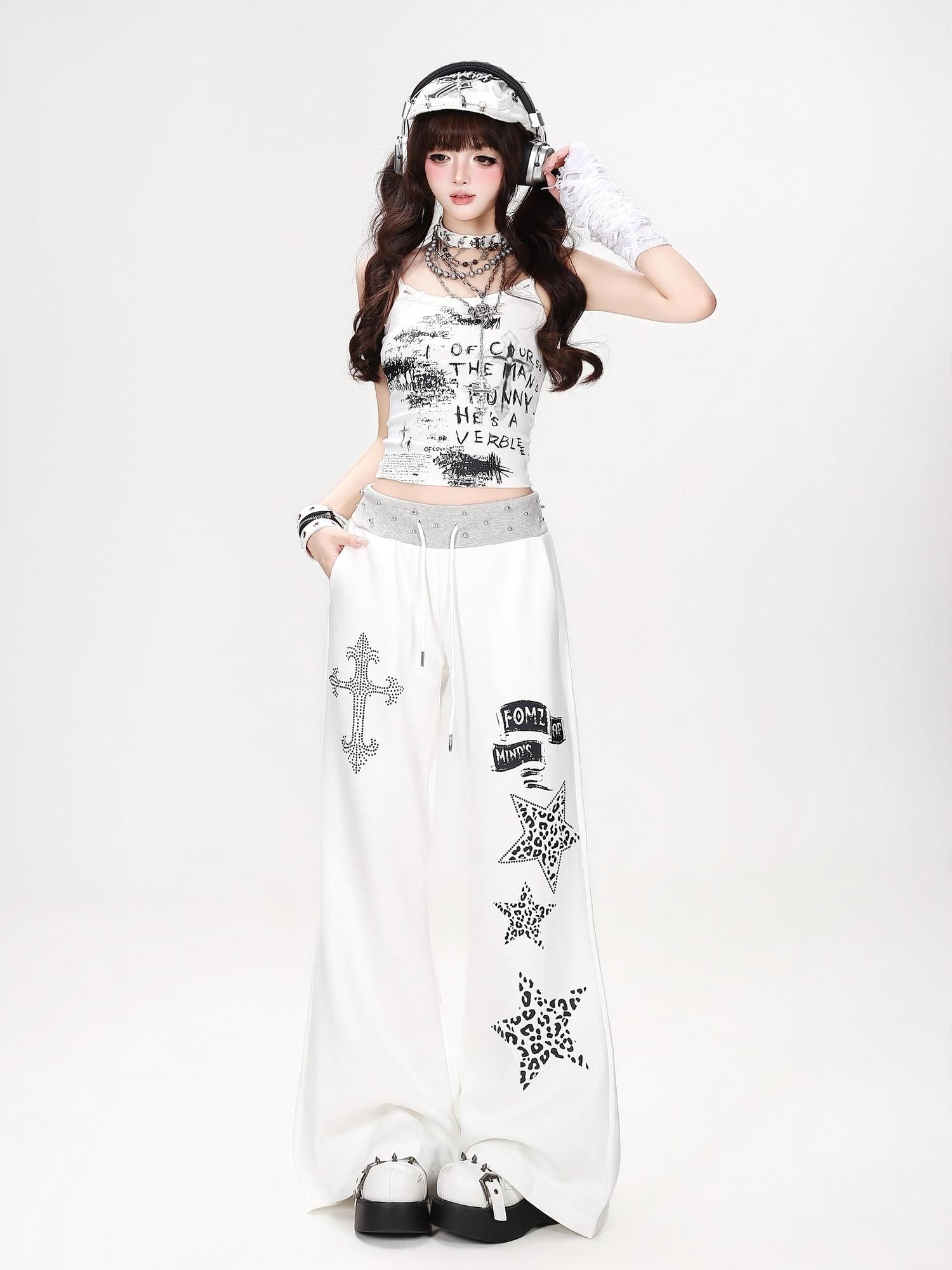 CRAZYGIRL Leopard Star Print Studded High Waist Women's Other Fabric Flare Pants