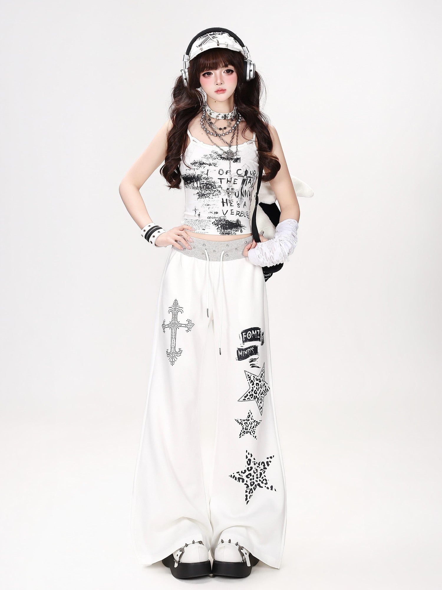 CRAZYGIRL Leopard Star Print Studded High Waist Women's Other Fabric Flare Pants