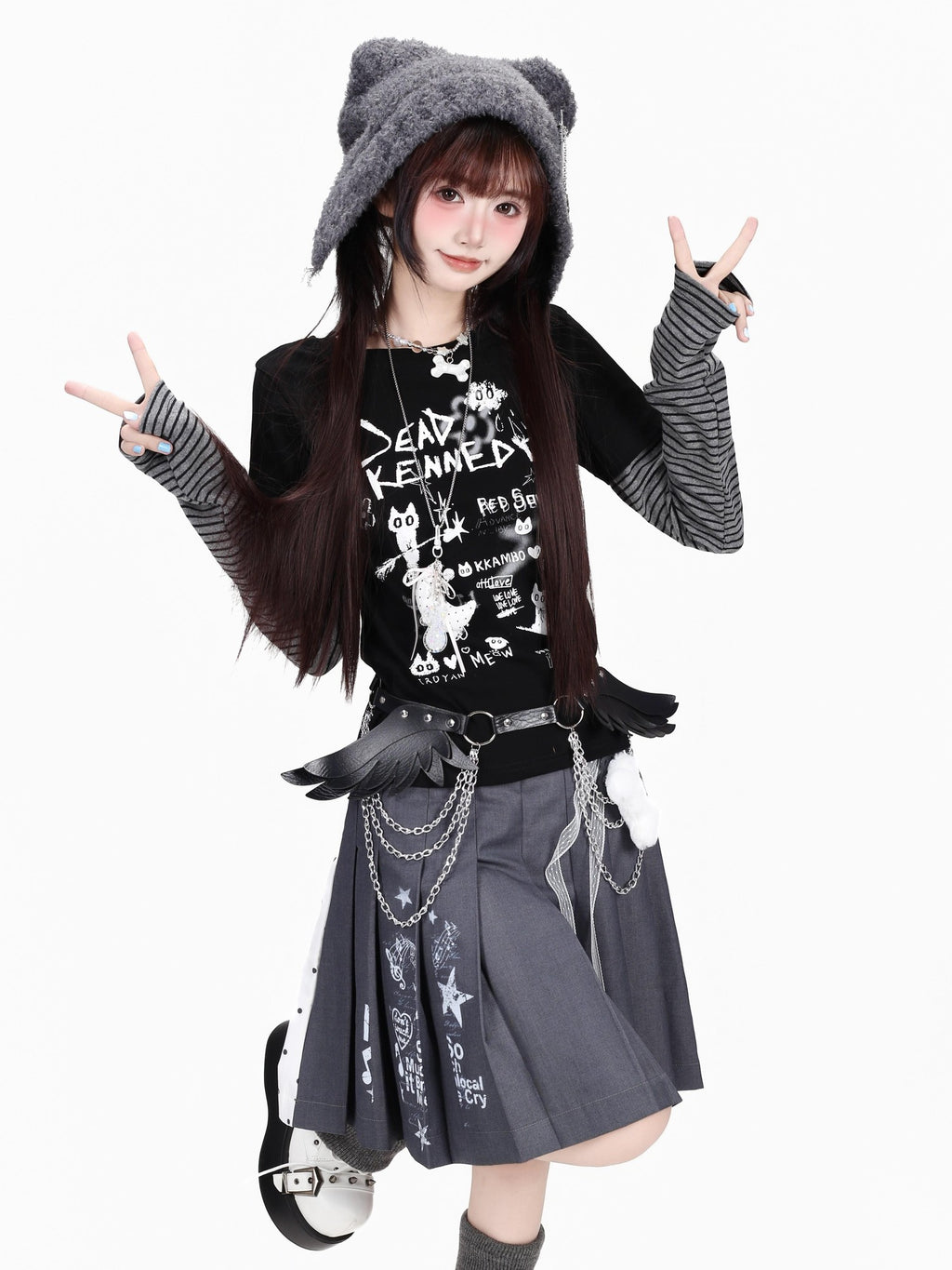 CRAZYGIRL Letter Graffiti Kitten Colorblock Striped Faux Women's Long Sleeve T-shirts