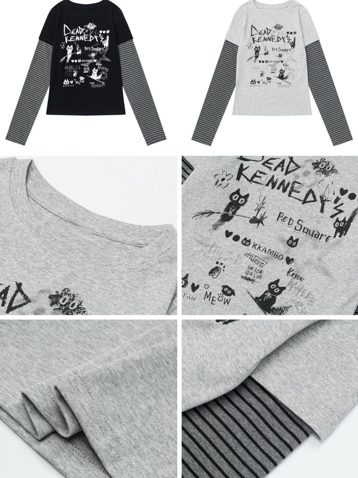 CRAZYGIRL Letter Graffiti Kitten Colorblock Striped Faux Women's Long Sleeve T-shirts