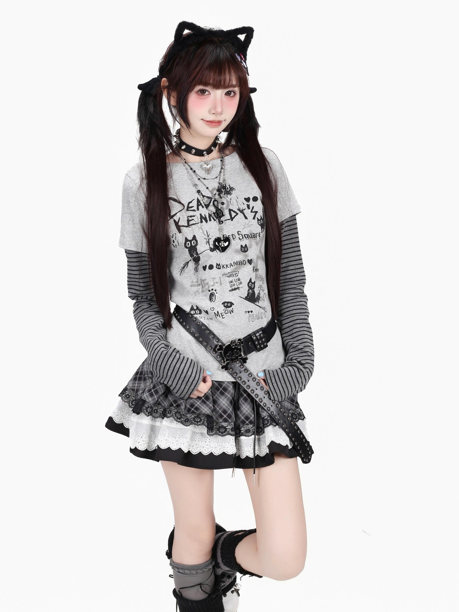 CRAZYGIRL Letter Graffiti Kitten Colorblock Striped Faux Women's Long Sleeve T-shirts