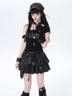 CRAZYGIRL Letter Print Tie Layered Asymmetrical Slim Women's Short Sleeve T-shirts