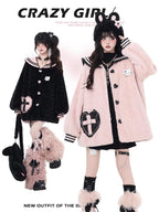 CRAZYGIRL Loose Sailor Collar Lantern Sleeves Women's Lamb Fleece Puffer Jackets