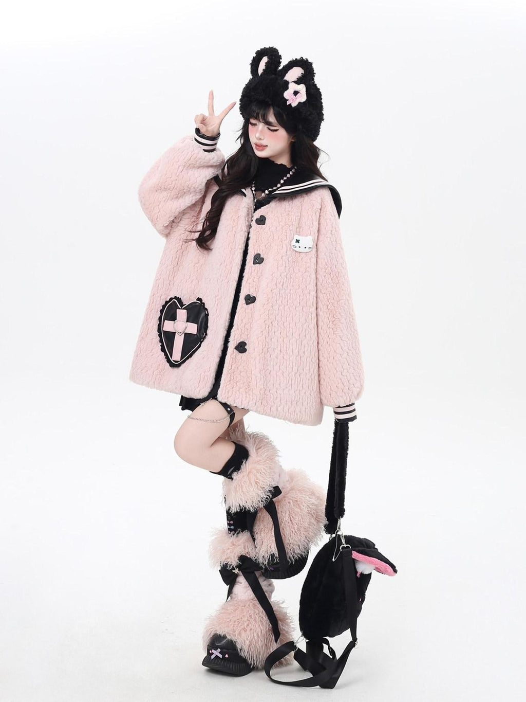 CRAZYGIRL Loose Sailor Collar Lantern Sleeves Women's Lamb Fleece Puffer Jackets
