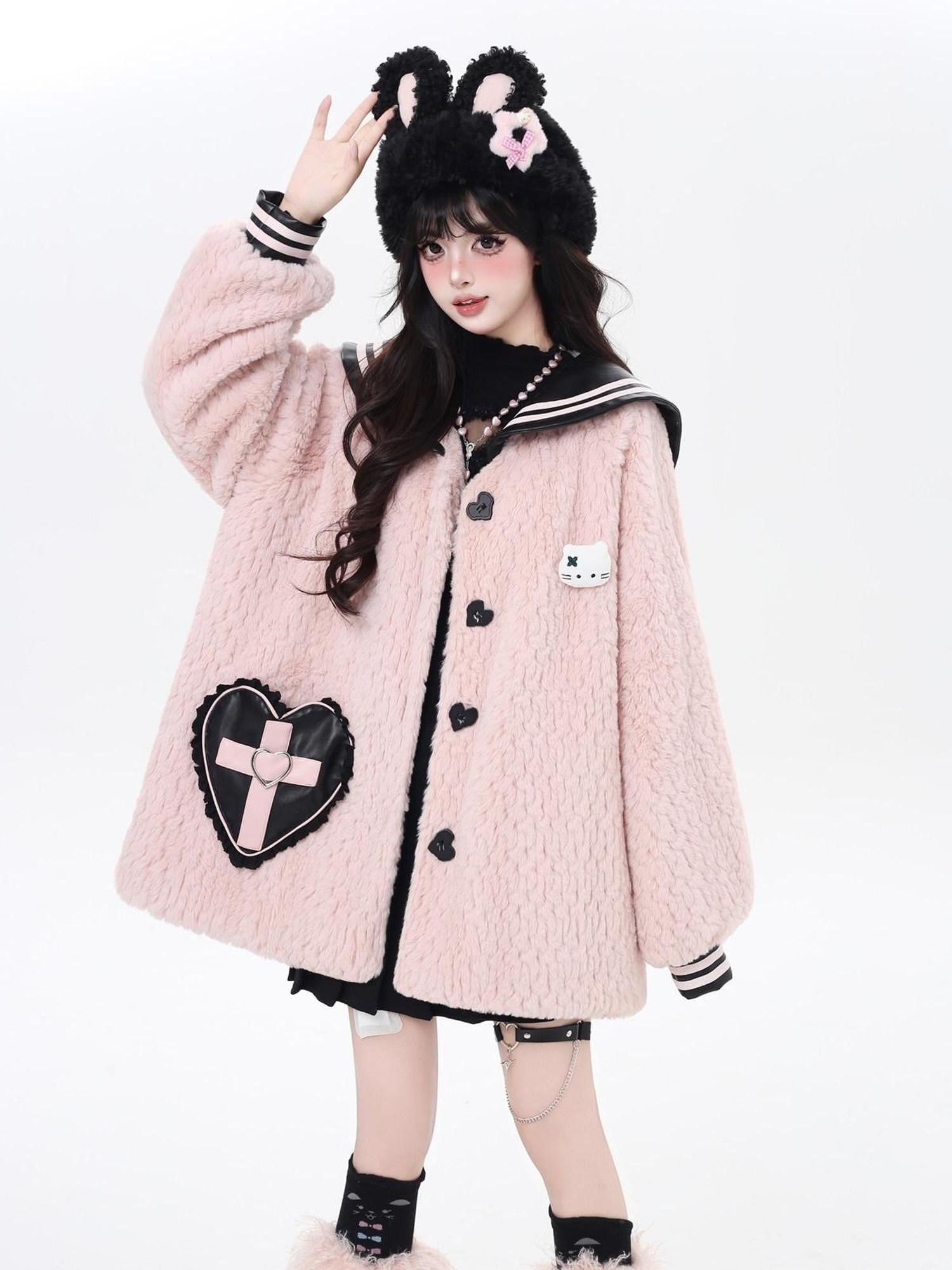 CRAZYGIRL Loose Sailor Collar Lantern Sleeves Women's Lamb Fleece Puffer Jackets