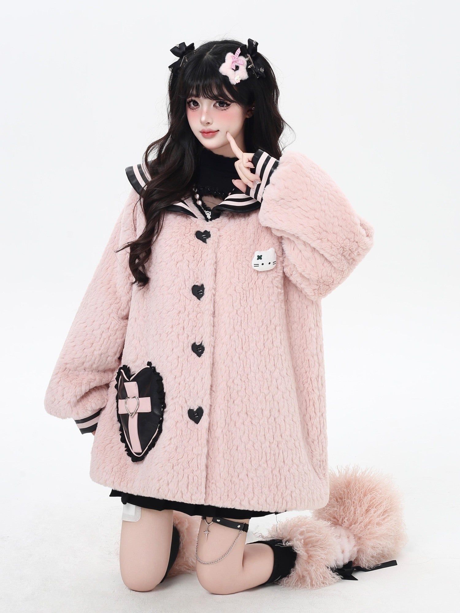 CRAZYGIRL Loose Sailor Collar Lantern Sleeves Women's Lamb Fleece Puffer Jackets