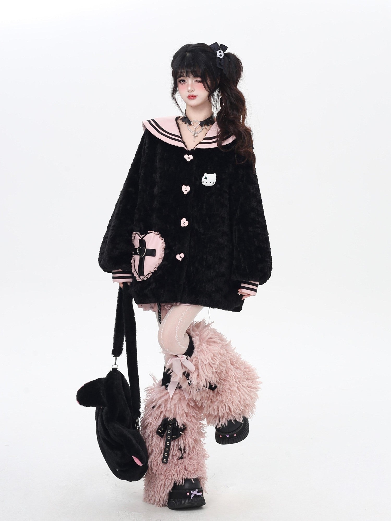 CRAZYGIRL Loose Sailor Collar Lantern Sleeves Women's Lamb Fleece Puffer Jackets