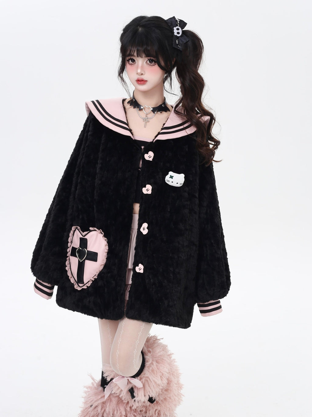 CRAZYGIRL Loose Sailor Collar Lantern Sleeves Women's Lamb Fleece Puffer Jackets